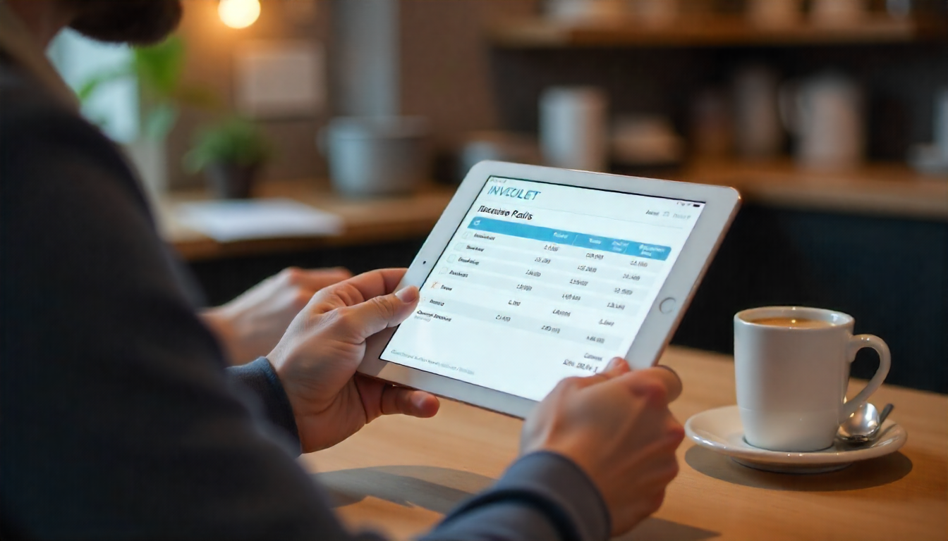 Person working on invoice using tablet and coffee